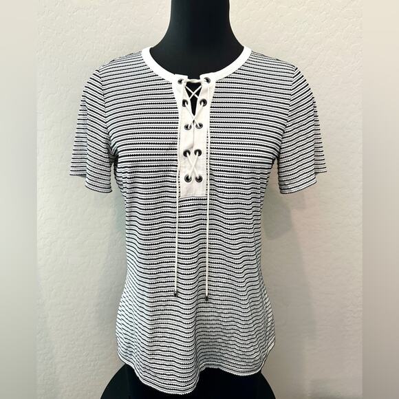 ST JOHN | Sport Black White Stripe Lace-Up Knit Top | Medium - Picture 2 of 8